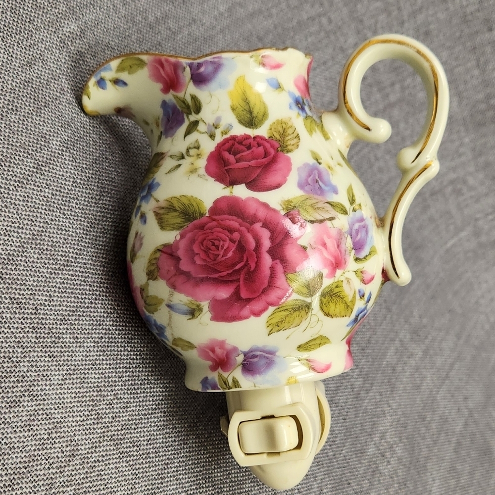 Vintage Porcelain Pitcher Shaped Night Light White Burgundy Flower Gold Trim